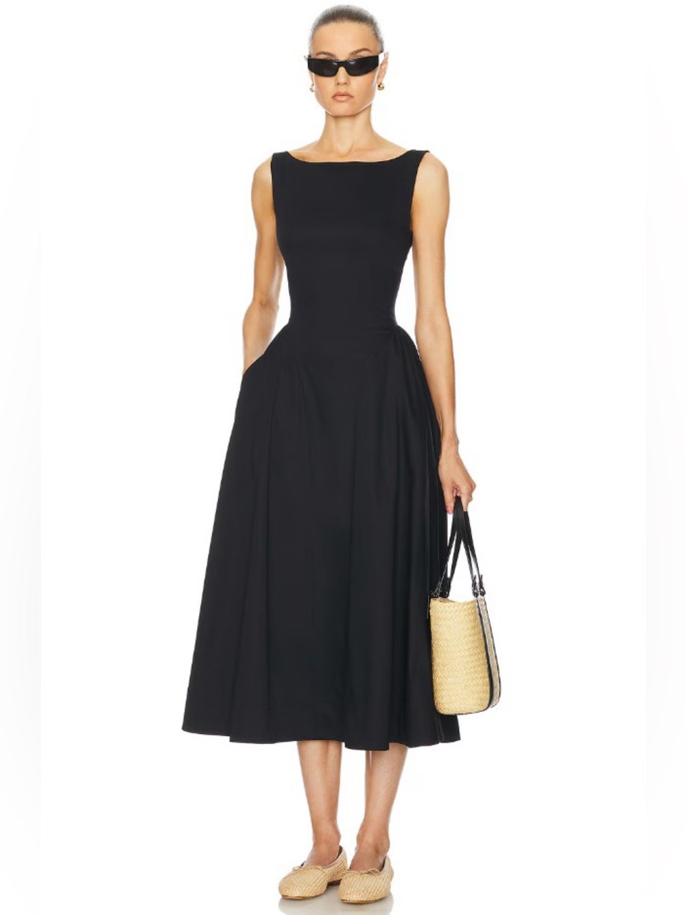 Helsa Boat Neck Black Stretch Cotton Open Back Midi Dress NWOT